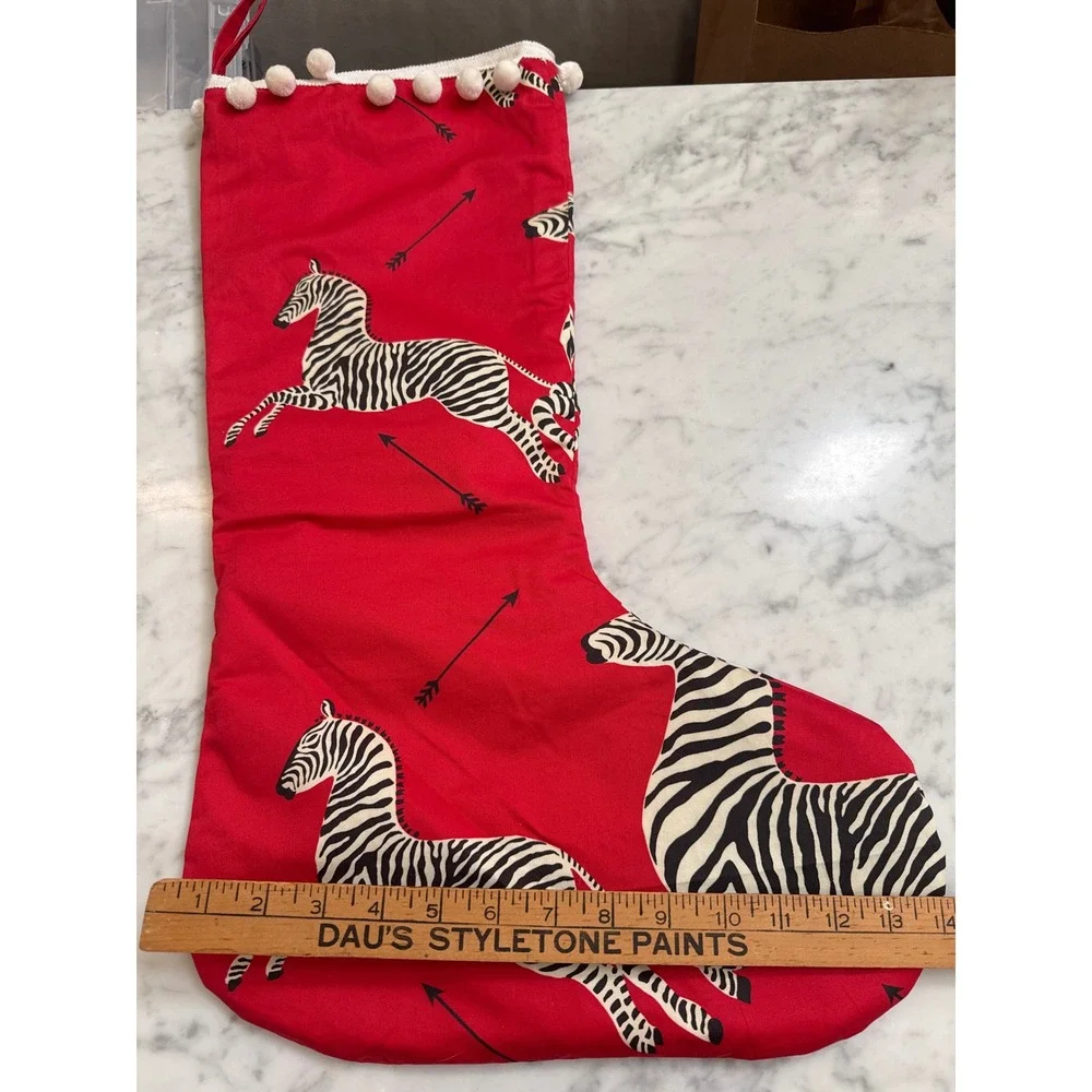 Scalamandre Zebra Christmas Stocking Red Cotton Pom Pom Trim Safari  Decor